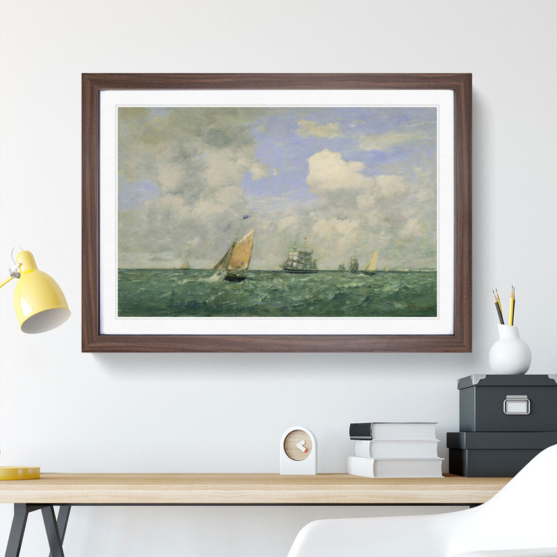 Ships and Sailing Boats by Eugene Boudin - Picture Frame Painting, Walnut Framed, 36cm H x 48cm W x 2cm D
