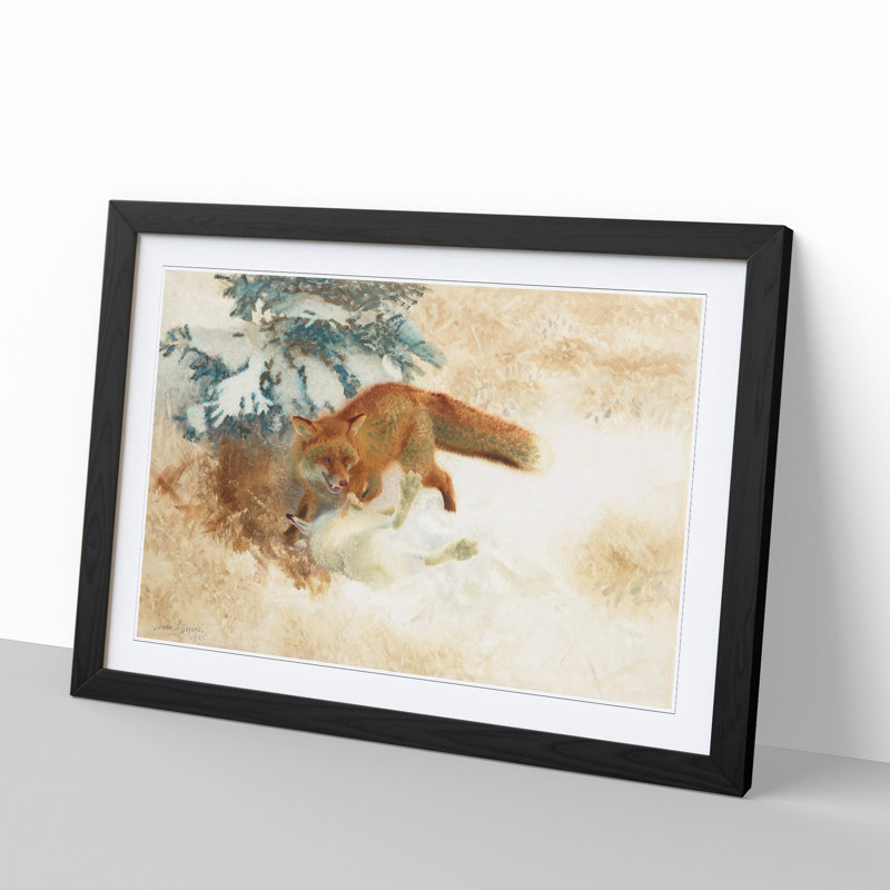 Fox with White Hare by Bruno Liljefors - Picture Frame Painting, 27cm H x 36cm W x 2cm D, Black Framed