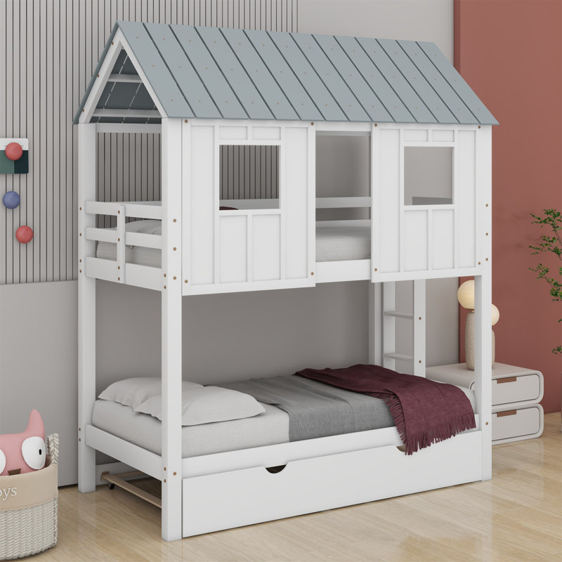 Lit superposé House avec lit gigogne, toit et fenêtres