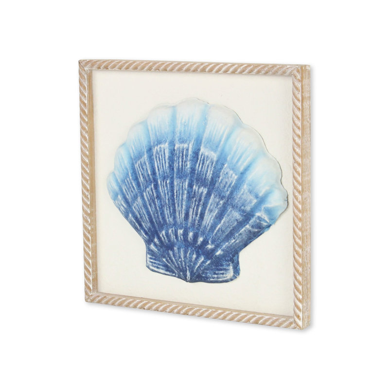 Bleu et blanc, coquille de mer en métal vieilli, cadre brun