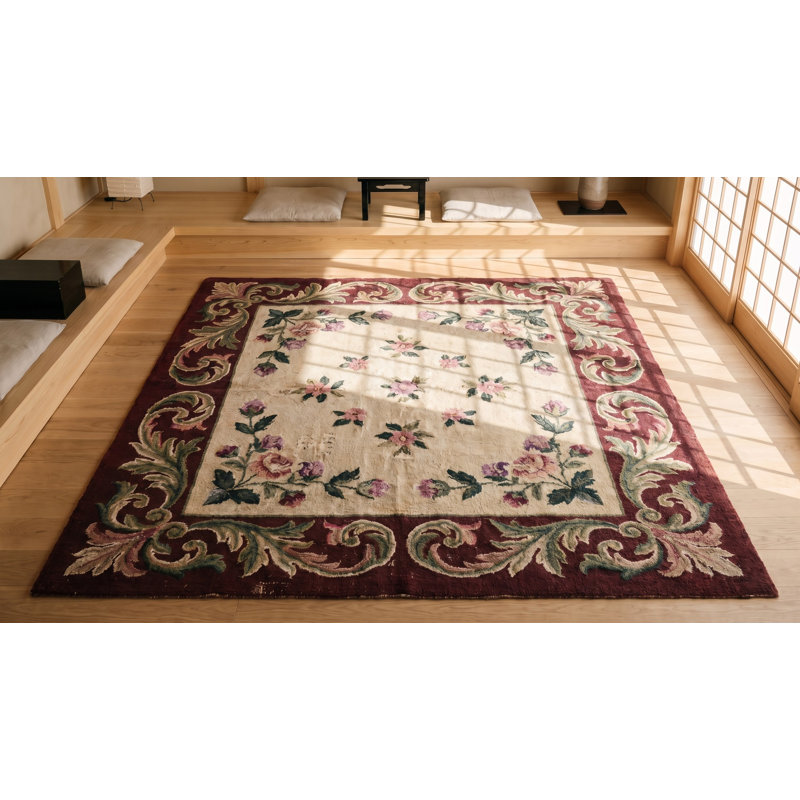 Antique Cream Color Field European Floral Pattern American Hooked Rug