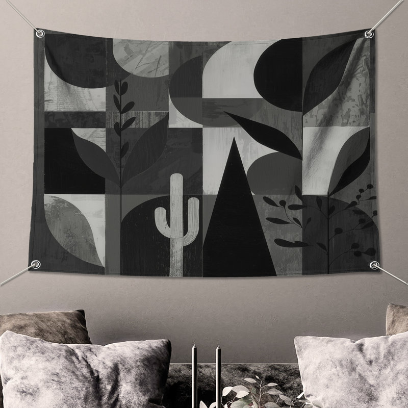 Tapisserie murale feuilles géométriques monochromes - décoration murale géométrique, H 104 po x 88 avec 4 œillets