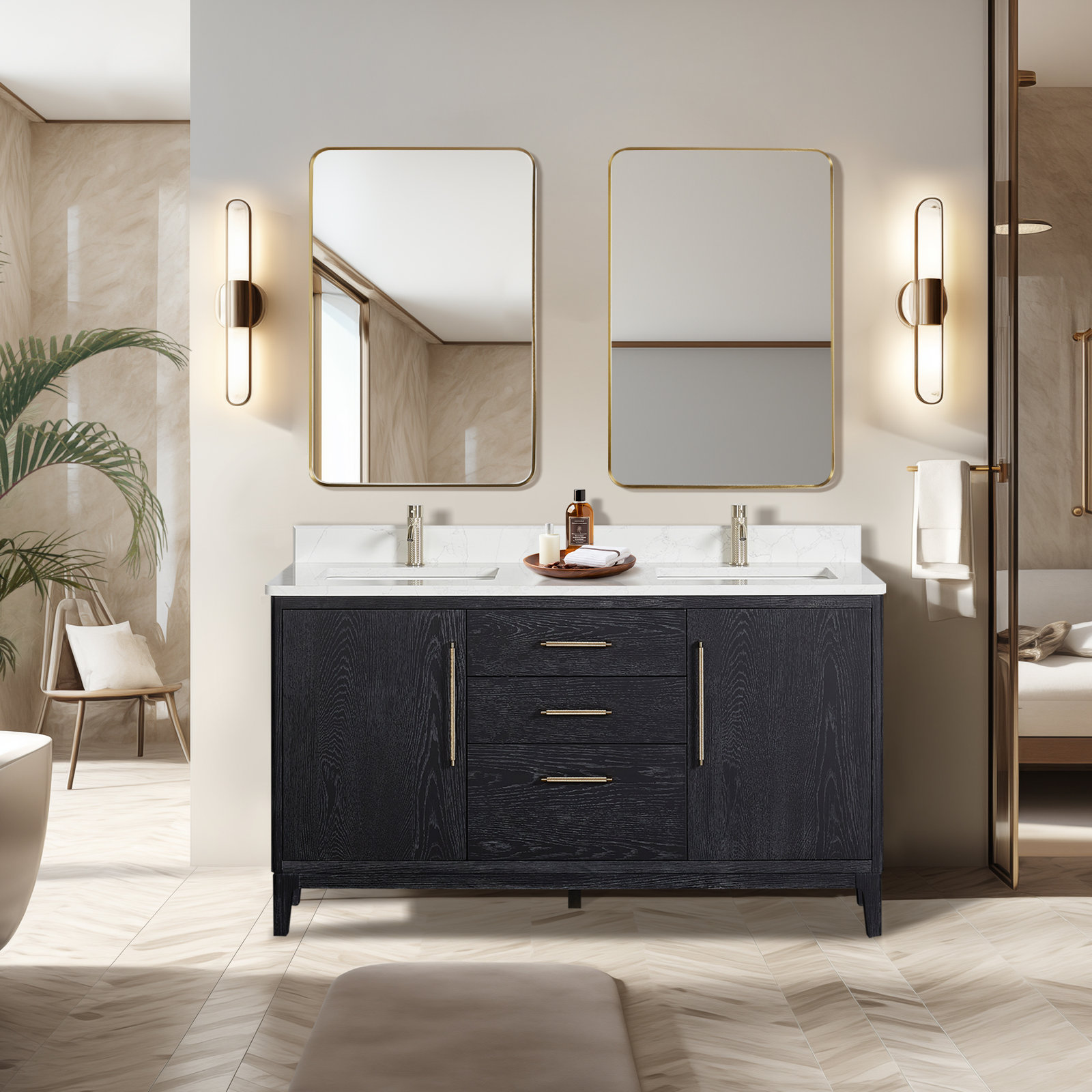Langosta 60'' Free Standing Double Bathroom Vanity with Top, Fir Wood Black