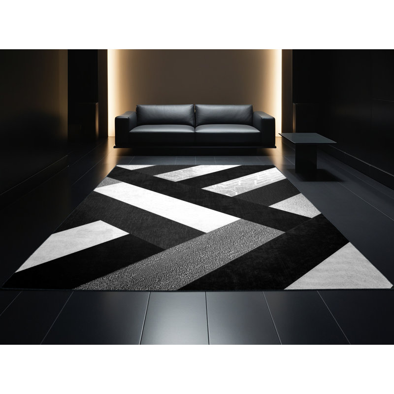 Tapis à motif géométrique doux et moelleux noir et moderne Teterboro, 4 x 2