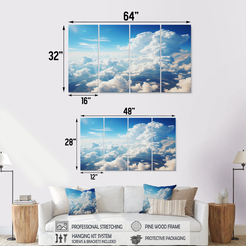 Toile panoramique Horizon III - Sky, art mural 4 pièces pour le salon, H 28 po x l 48 po