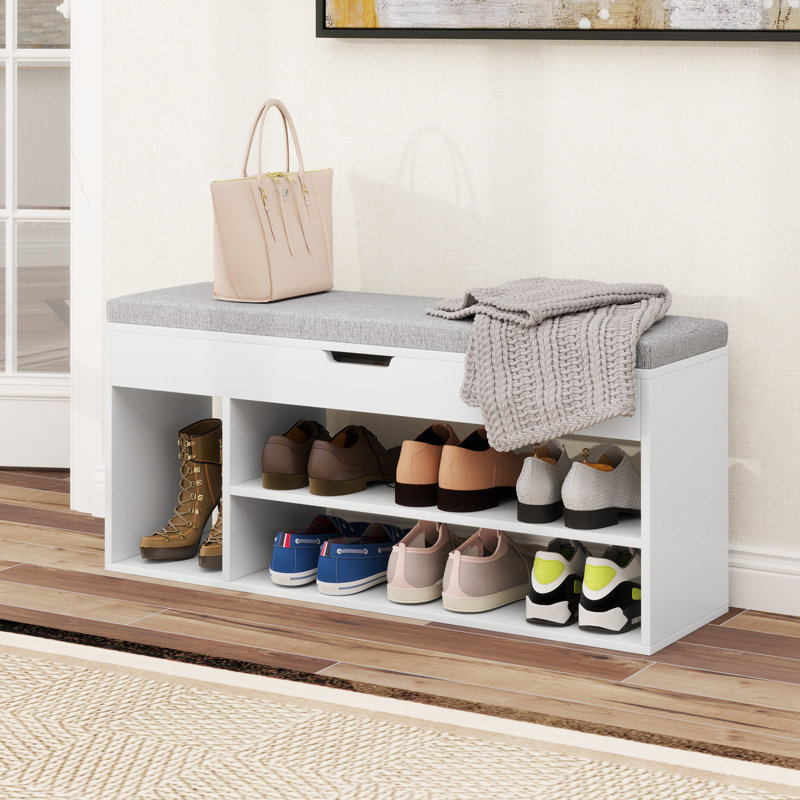 Shoe Bench Home Entryway Shoes Storage Bench w/ Padded Seat & Hidden Storage , White/Gray