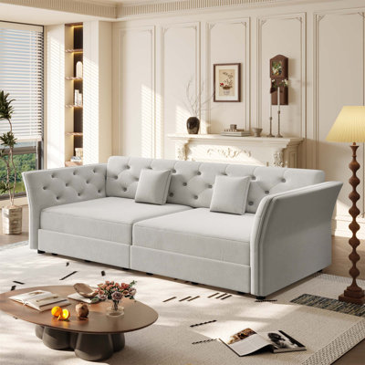 Queen Pull Out Sofa Bed, Convertible Sleeper Sofa With Handmade Fabric Flower Tufted Design, Multi-Functional Velvet Loveseat Bed