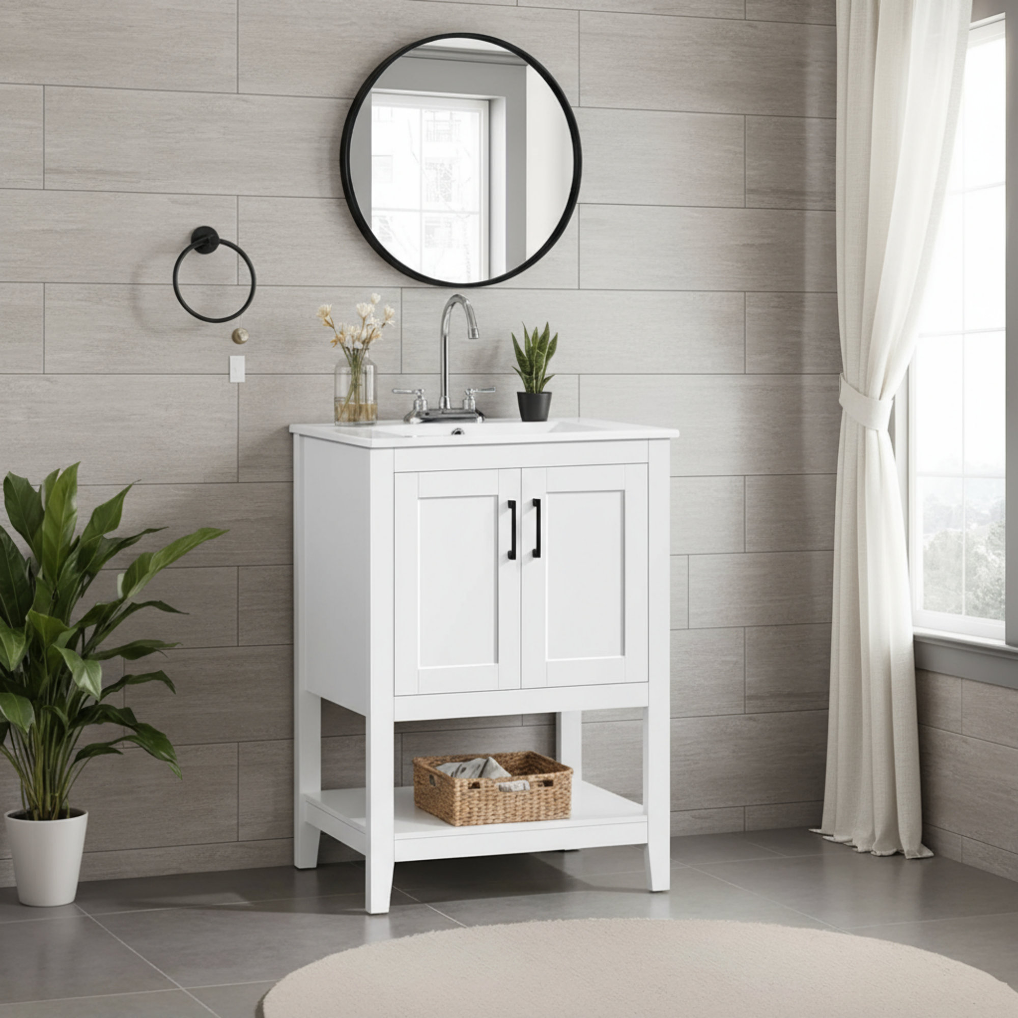 Ebern Designs This White, Modern Bathroom Vanity Features A Rectangular ...
