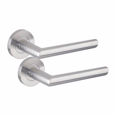  4 Pairs Mitred Design Door Handles Latch on Round Rose in Satin Nickel Finish with 2.5" Tubular Latch and 3" Standard Hinges - 52mm Diameter