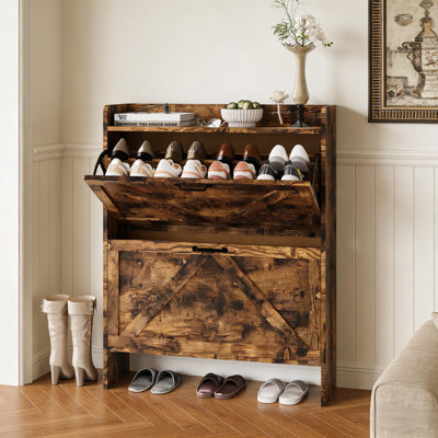 Freestanding Hidden Narrow Shoe Cabinet Organizer with 2 Flip Drawers for Entryway