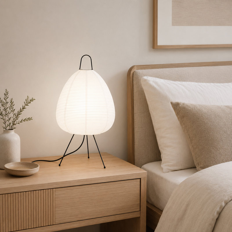Lampe de table minimaliste en papier avec base trépied, lumière ambiante douce