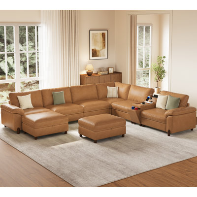 V-Shaped 8 Seat Sectional Couch With Versatile Charging Console, Cupholders & Washable Movable Covers, Scratch-Resistant Faux Leather In Brown