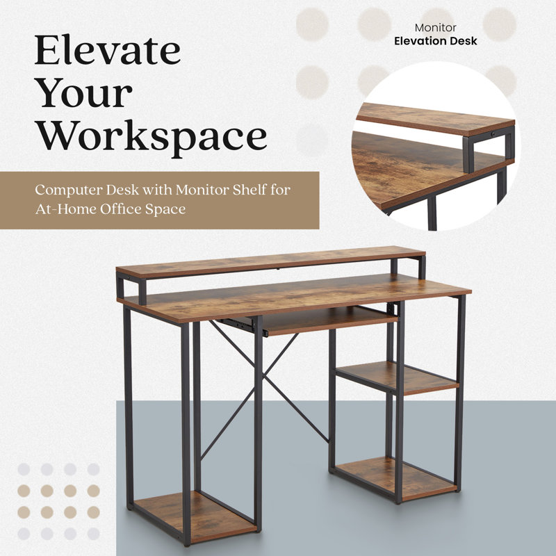 17 Stories Computer Desk with Monitor Shelf for At-Home Office Space, Brown/Black