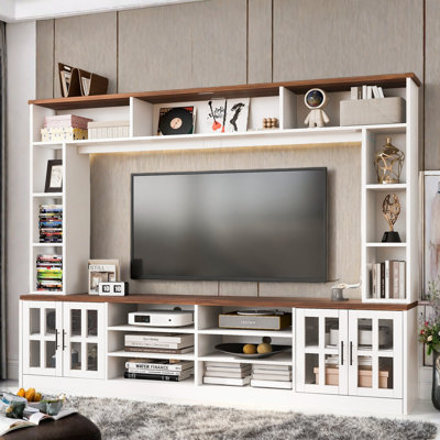 Entertainment Center With Bookshelves, Display Shelves, Tempered Glass Doors And Adjustable Shelves