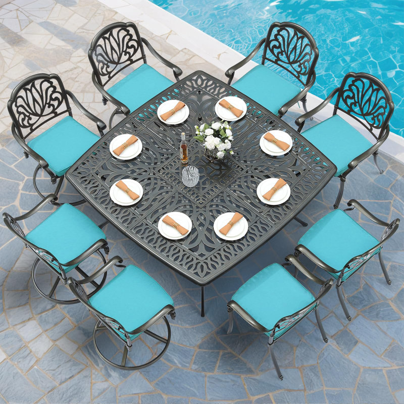  9-piece Outdoor Patio Dining Set For 8, All Weather Cast Aluminum Patio Funiture Table And Chairs Set- Large 64" Square Table, 4 Swivel Rocker Chairs, 4 Stationary, Umbrella Hole
