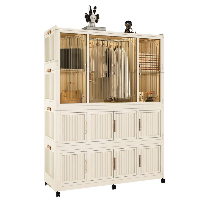 Organisateur de rangement portatif pour garde-robe pour vêtements, commode, 12 portes magnétiques - 12 cubes et 1 tringle, 6 cintres, armoire de rangement pour garde-robe pour bébé, blanc