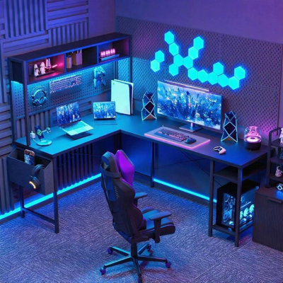66''L Shaped Desk with Power Outlet & LED Light, Home Office Corner Desk