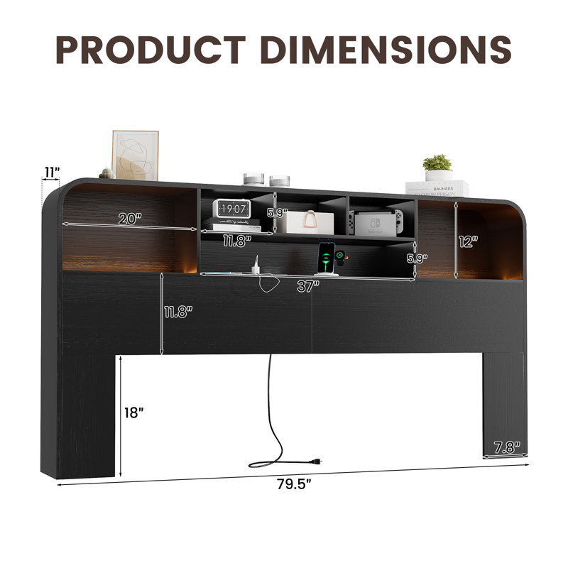 Rounded-Edge Wood Grain Bookcase Headboard with LED Lighting & Built-In Charging Station, King, Black, King