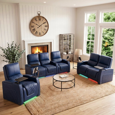 Ensemble de salon inclinable électrique sans gravité en cuir véritable avec soutien lombaire amélioré, appuie-tête réglables, ports USB et rangement