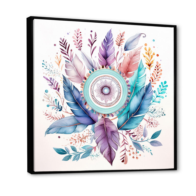Attrape-rêves pastel turquoise Boho sur toile, H 16 po x l 16 po x P 1 po, Cadre flottant noir