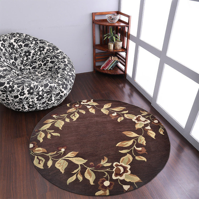 Tapis rond en laine touffetée à la main Dimonique - Rond, brun, motif floral moderne, tapis antidérapants faits à la main et épais pour le salon, la chambre à coucher