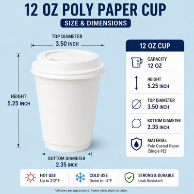 12oz White Poly Paper cups with White Dome Lids