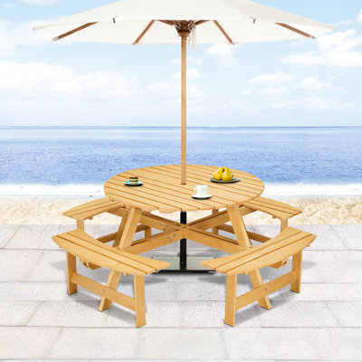 Table de pique-nique ronde pour 8 personnes avec 4 bancs - Matériau de trou de parasol pour bancs de jardin et de patio encastrés. Trou, bord lisse, pour patio, cour arrière