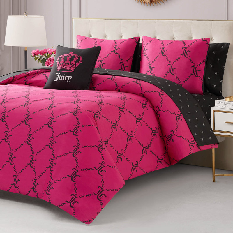 Juicy Couture Link Printed Bed-in-a-Bag Comforter Set, King Comforter + 7 Additional Pieces, Hot Pink/Black