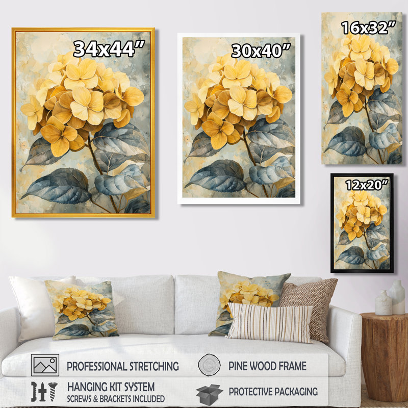 Fleurs d'hortensia jaune doux I - Hydrangea, art mural encadré, H 40 po x l 30 po, Noir