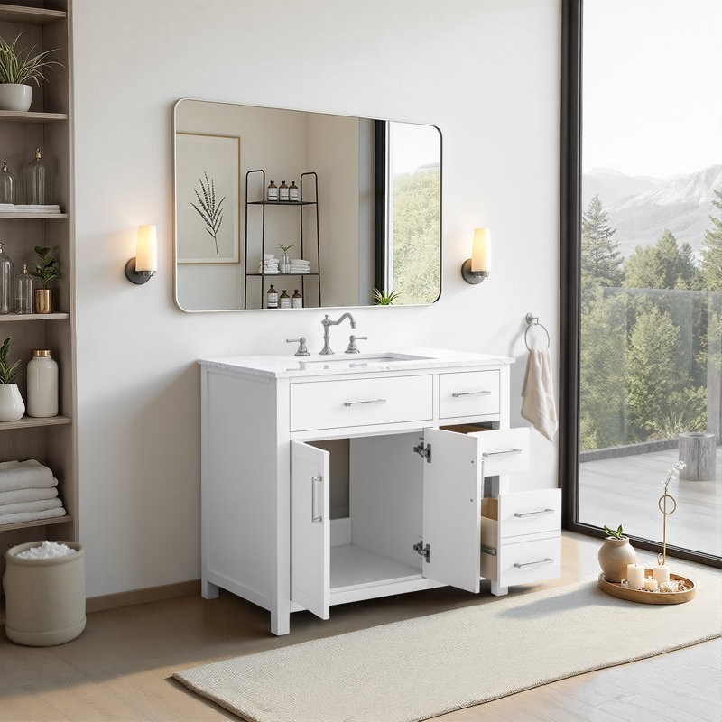 Ensemble de meuble-lavabo simple 36 po avec plateau en marbre Tremolo, Nickel poli / blanc