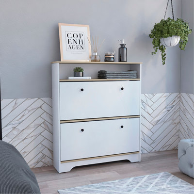 Shoe Rack 46" H, One Open Storage Shelf, Two Internal Storage Drawers, Two Doors