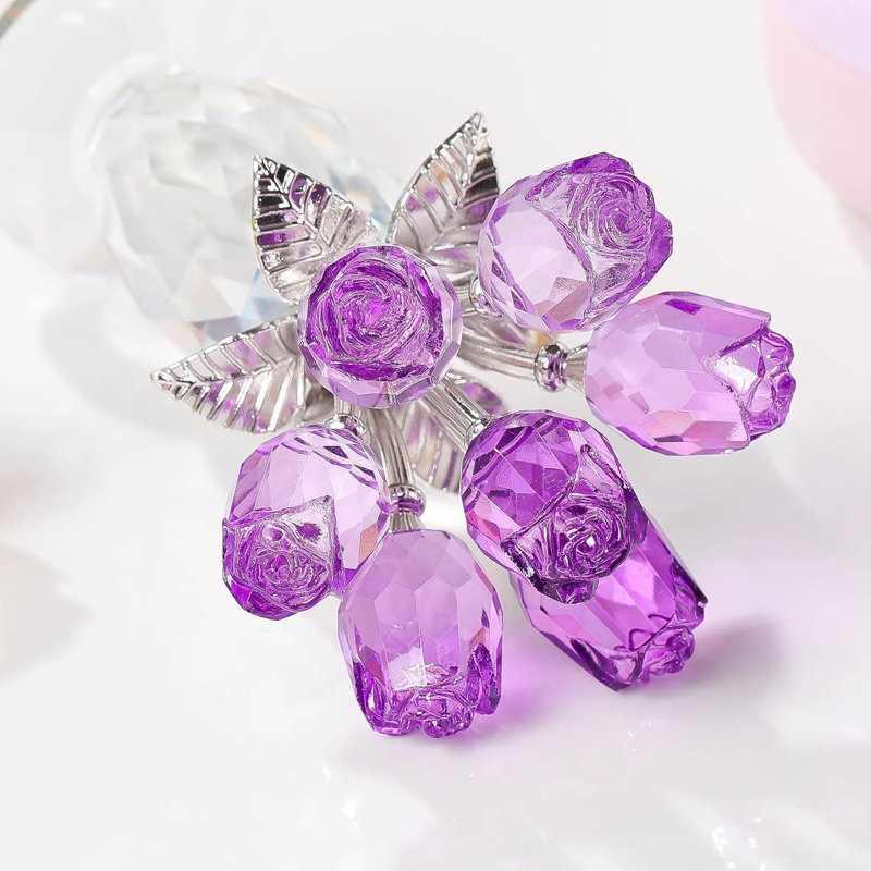 Handmade Crystal Rose Bouquet with Decorative Vase, Floral Tabletop Accent for Home Décor, Purple