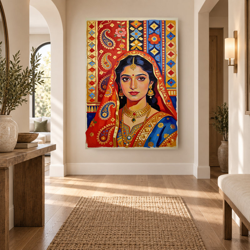 Portrait sur toile d'une mariée indienne rouge et or à motifs cachemire, H 18 po x l 12 po