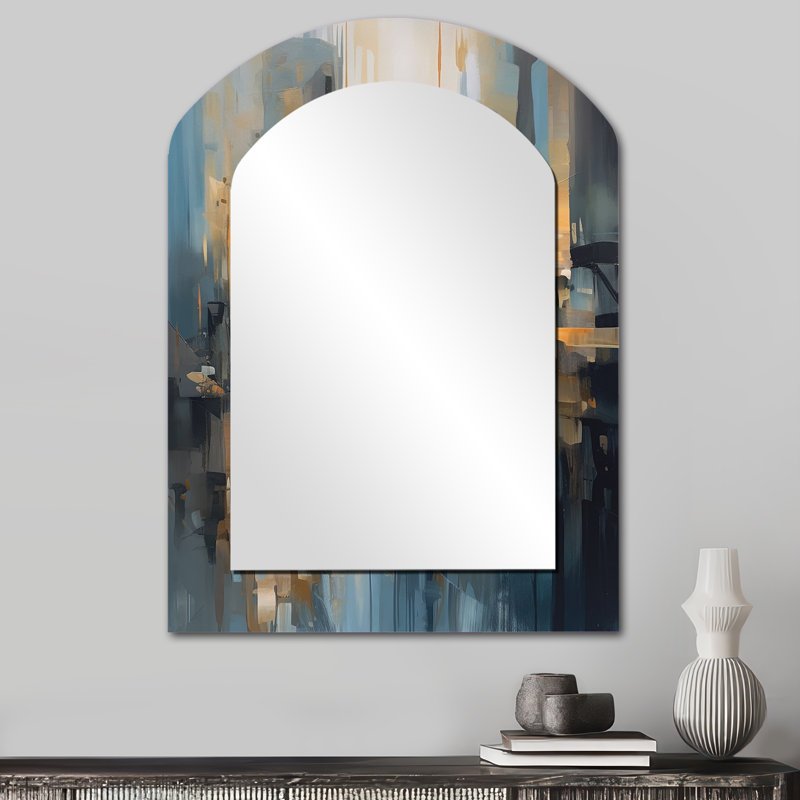 Mélange géométrique orange bleu - miroir décoratif minimaliste asymétrique, miroir mural arqué moderne, impression d'art en métal
