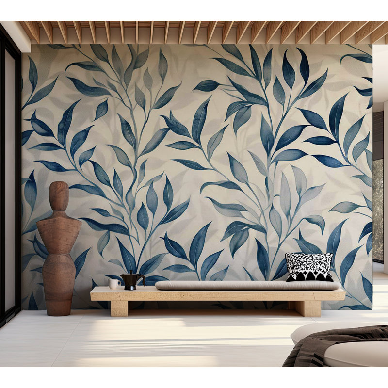 Adhésif mural pelez et collez - Feuilles en bleu, L 41 po x l 57 po