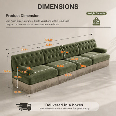 Beige Oversized Chesterfield 3‑Piece Sofa Set, 2Pcs 2‑Seater & 1Pc 4‑Seater Button Tufted Velvet Couch with Tassel Skirt, High‑Density Foam Upholstered Sofa for Living Room