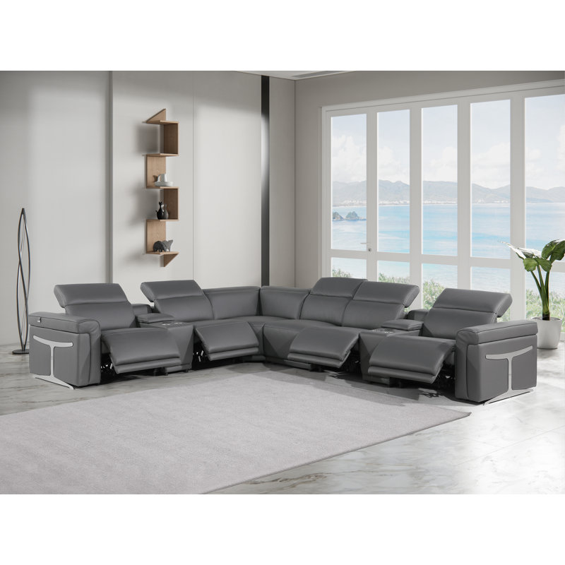 Suhur 8-Piece Top Grain Italian Leather Power Reclining Chaise Sectional, Dark Gray Genuine Leather
