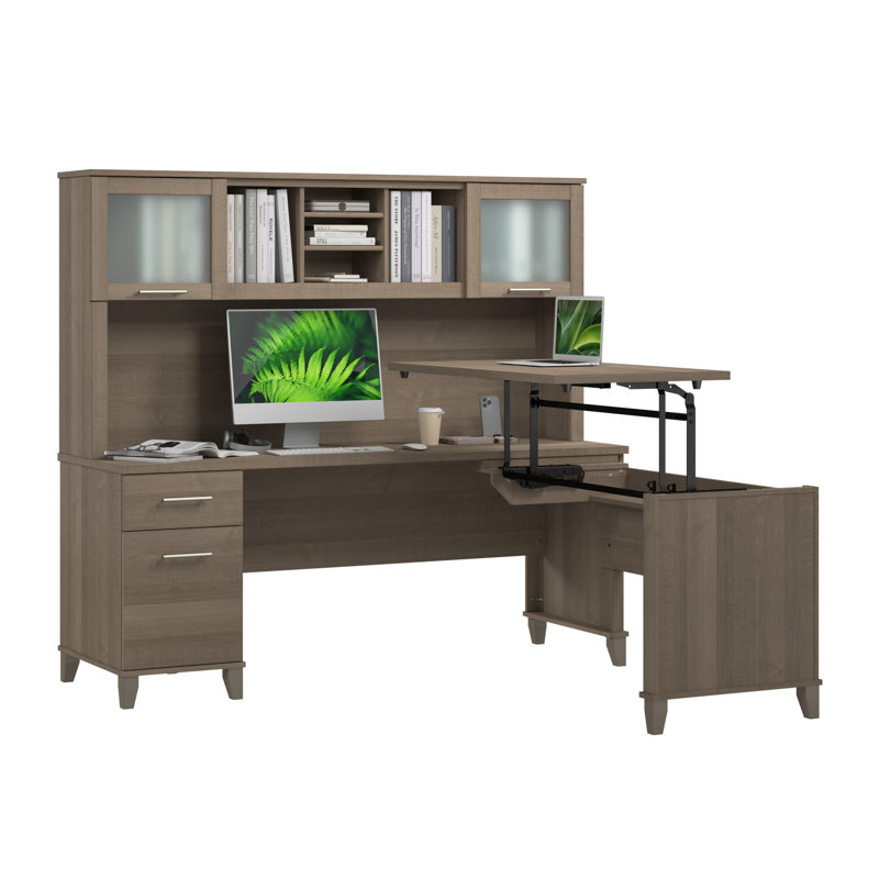 Paelynn 72” L-Shaped Sit to Stand Desk with Hutch, Adjustable Height, Storage, Modern Wood, Ash Gray, Ash Gray