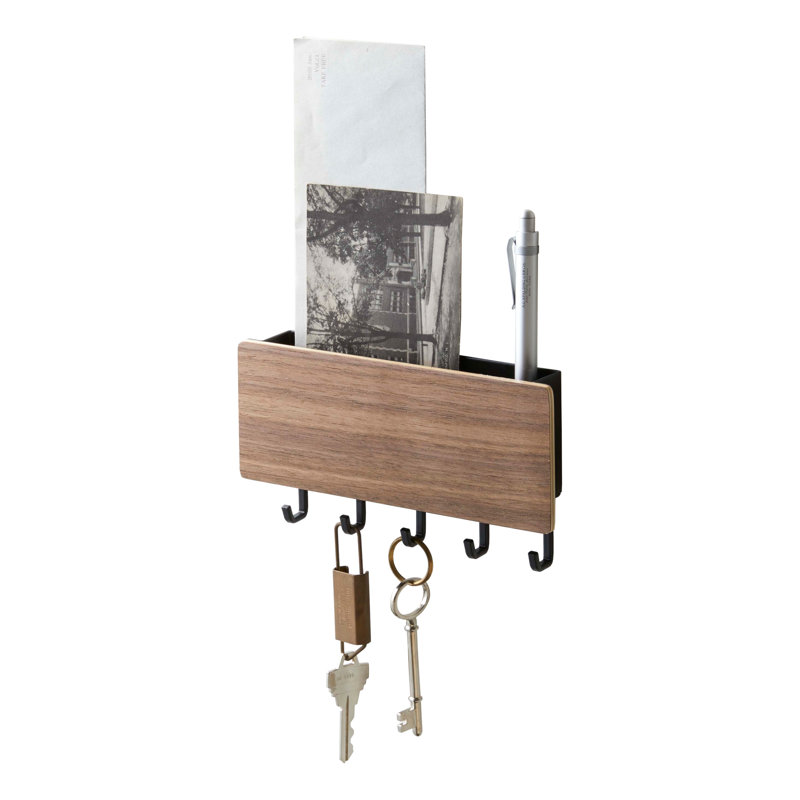Rin Yamazaki Home Magnetic Wall Organizer, Key Hooks & Tray For Storage, Steel + Wood, Magnetic, Brown