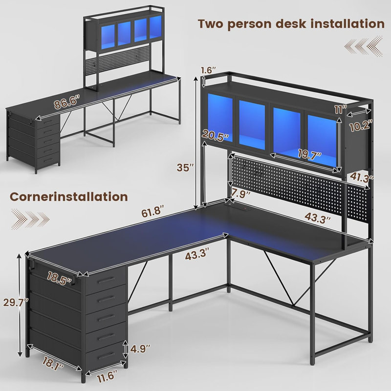 Bureau d'ordinateur avec rangement, Noir, noir, noir, noir