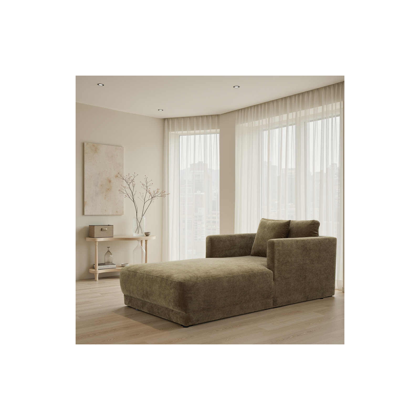 Vervino Upholstered Chaise Lounge, Moss Olive Green Performance Chenille