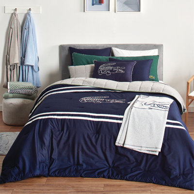 Lacoste Big Croc Cotton 3-Piece Comforter Set – 100% Cotton Percale, Reversible Bedding Set with Embroidered Crocodile Shams, Navy, Full/Queen