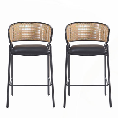 Élégant tabouret de bar d'intérieur en métal avec siège en similicuir et dossier en rotin tissé, ensemble de 2, parfait pour les cuisines et les bars modernes