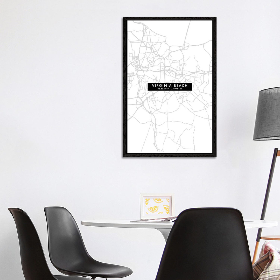 Virginia Beach Stadtplan Minimal Style von WallDecorAddict - Galerie-umwickelte Leinwand Giclée auf Leinwand