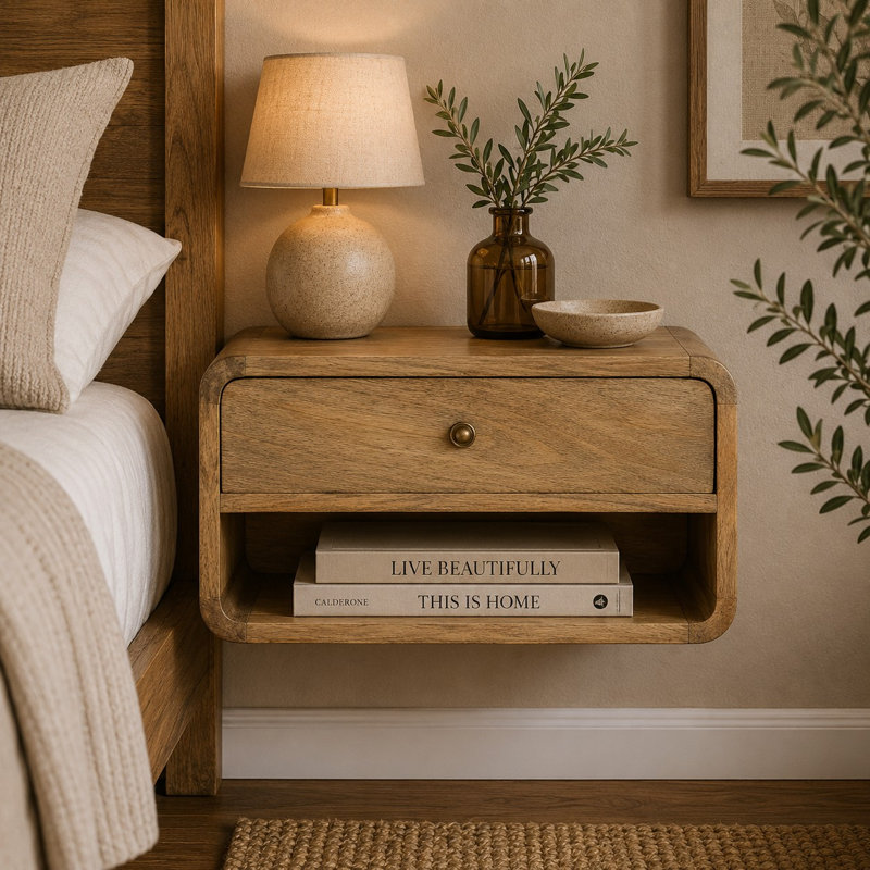 18" Natural Solid Wood One Drawer Floating Nightstand