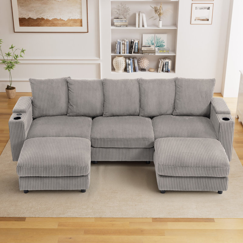 Oversized Corduroy Modular Sectional Sofa with Deep Seats Dual Ottomans Storage Arms and Charging Ports, Gray