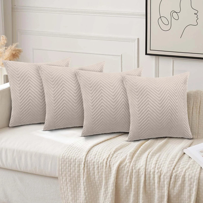 Luxury Chevron Embossed Quilted Pattern Velvet Cushion Cover Set (4-Pack) - Soft Throw Cushion Cover for Home Décor, Beige