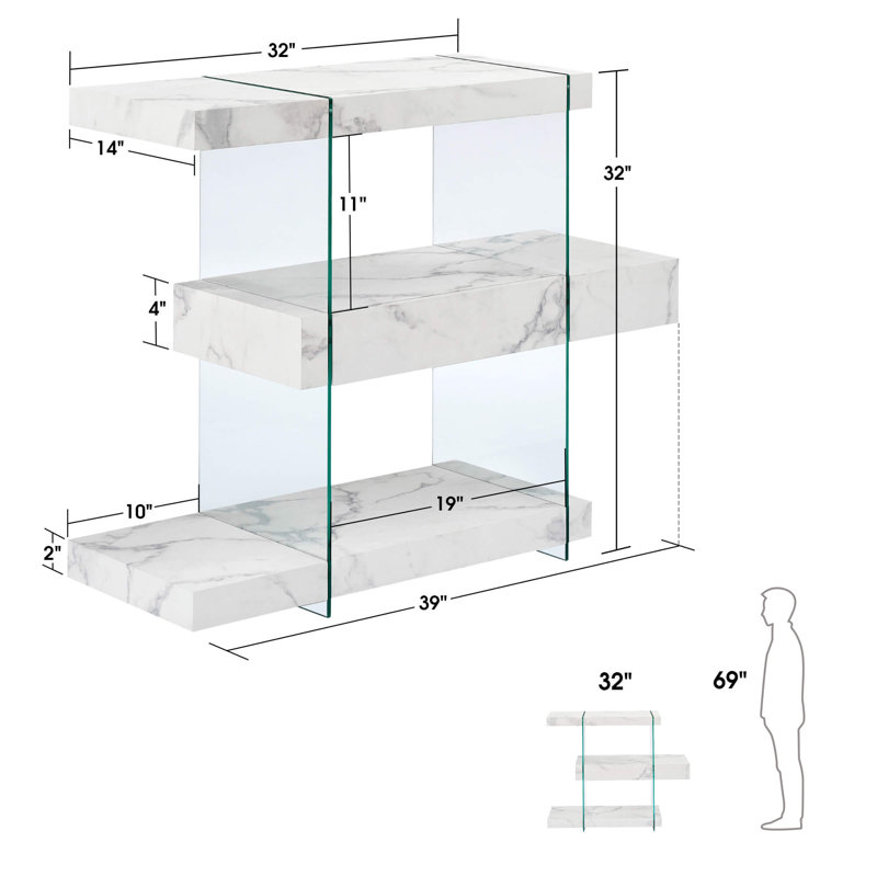 32" Length Narror Console Table with 3-Tier Shelves and a Hidden Drawer, Modern Entryway Table with Tempered Glass Frame