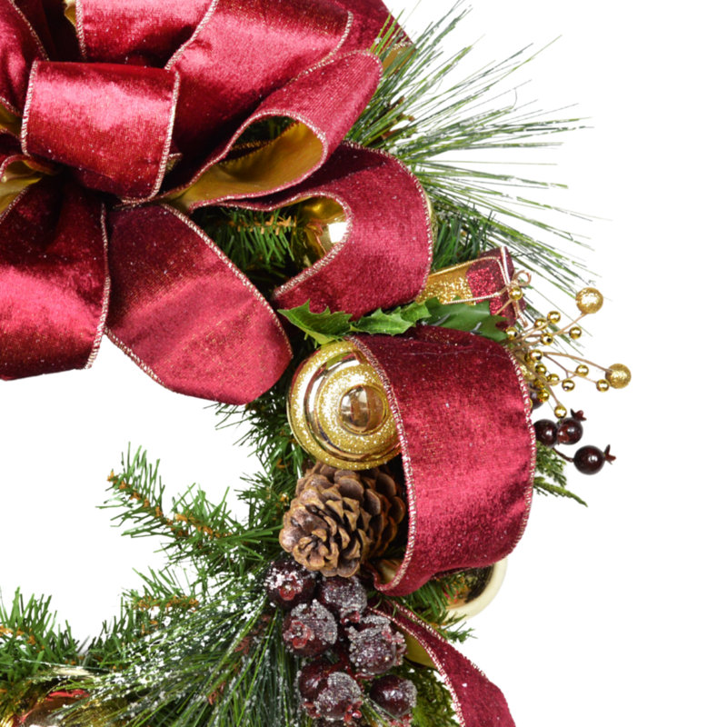 Festive Red and Gold Holiday Wreath with Berries, Ornaments and Pinecones, Green/Gold/Burgundy