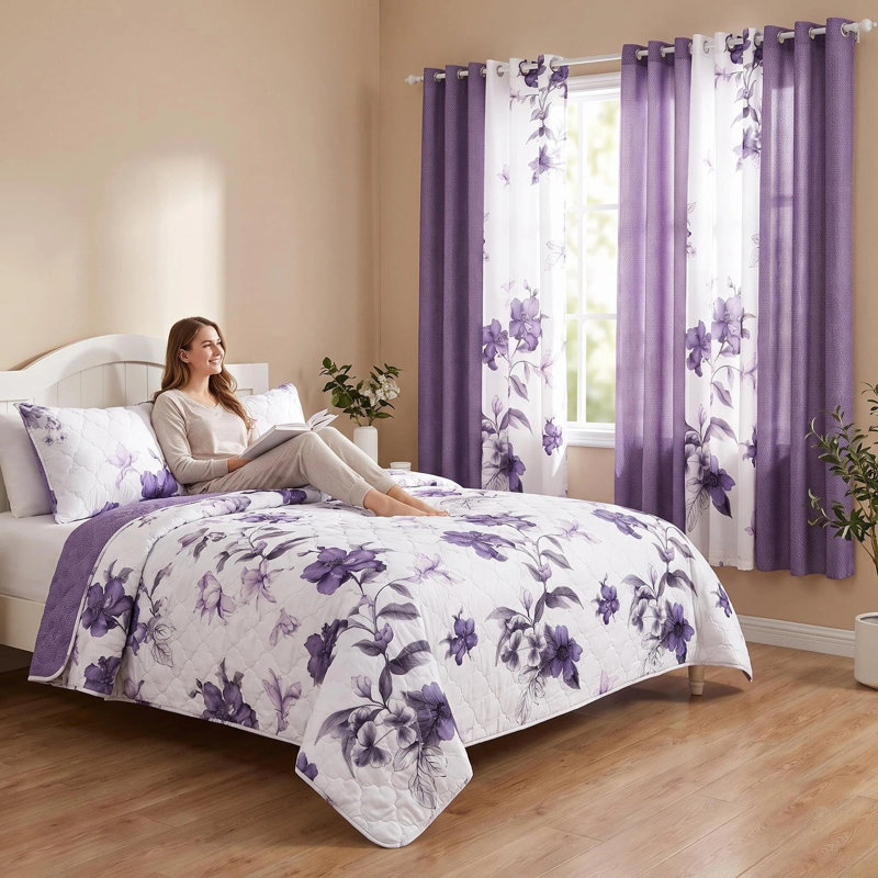 9-Piece Lavender Floral Quilted Bedspread and Curtain Set with 6 Independent Light-Filtering Panels, QUEEN